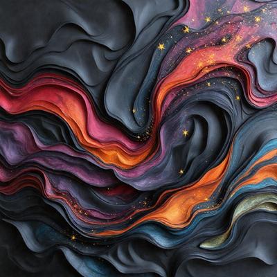 The primary subject of the image is a large, colorful, and abstract painting. The painting features a mix of colors, including red, orange, and blue, creating a vibrant and dynamic visual experience. The setting is a black background, which contrasts with the painting and draws attention to the artwork. The visual style of the painting is a combination of digital art and illustration, giving it a unique and contemporary appearance. The overall atmosphere of the painting is energetic and captivating, inviting the viewer to explore its intricate details and vivid colors.